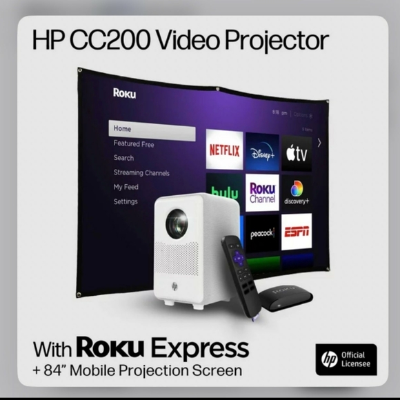 HP CC200 Projector w/ Roku Express Streaming Player 84" Mobile Projection Screen